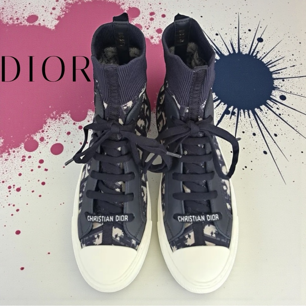 Walk'n'Dior High-Tops Navy Blue/White Oblique Knit Fabric & Leather (Sz 41/10)